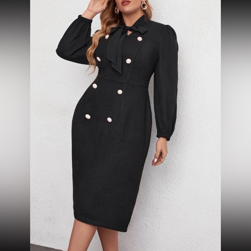 SHEIN XL Black tweed Dress with gold buttons and sheer sleeves. Worn once.